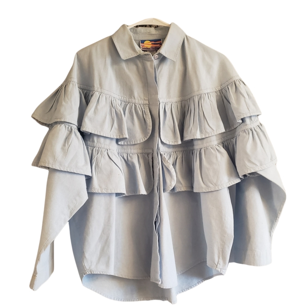 Beautiful Shirt for Women with long sleeves with ruffles in front Blue Color M